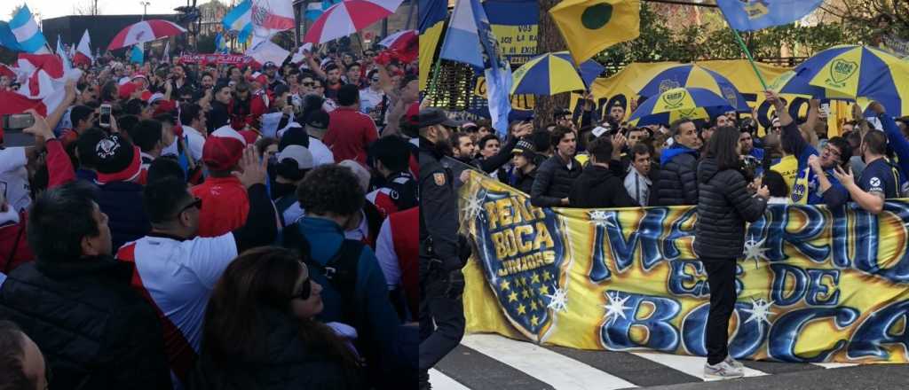Hinchas de River y de Boca esperan por la Superfinal a puro canto en Madrid 