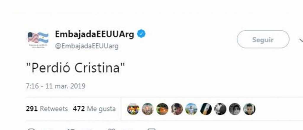  "Perdió Cristina": el tuit de la Embajada de Estados Unidos que luego borró