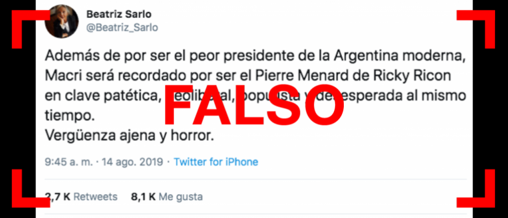 Es falso que Sarlo dijo en Twitter que Macri es el "peor presidente de la Argentina moderna"