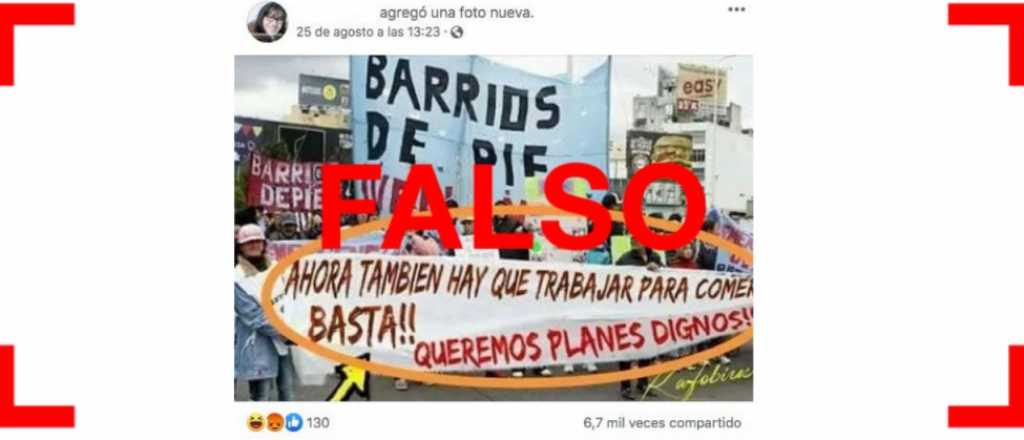 Otra vez circula la foto falsa de una pancarta de Barrios de Pie que dice: "Ahora también hay que trabajar para comer"