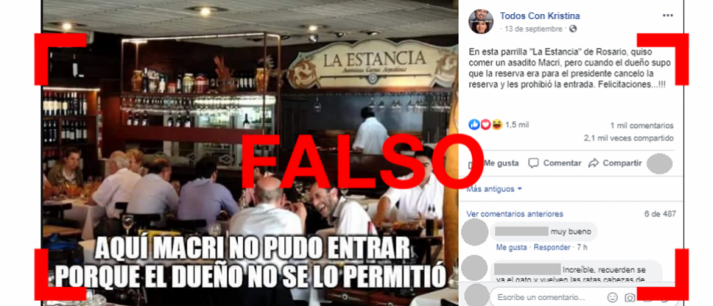 Es falso que un restaurante en Rosario no dejó almorzar a Macri