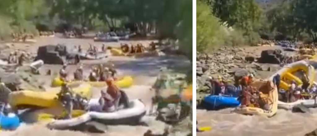 Video: caos en el r&iacute;o Atuel por un choque de balsas repleta de turistas