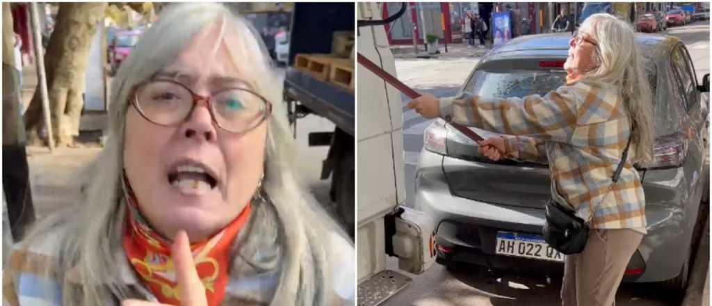 Video: una mujer destroz&oacute; un cami&oacute;n por estacionar frente a su local