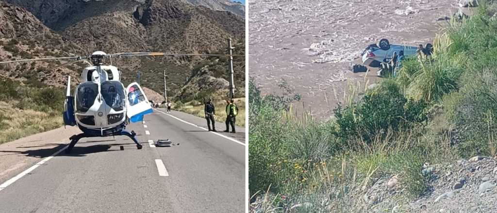 Rescate a&eacute;reo en Potrerillos: un auto chileno cay&oacute; al r&iacute;o y hay un herido grave